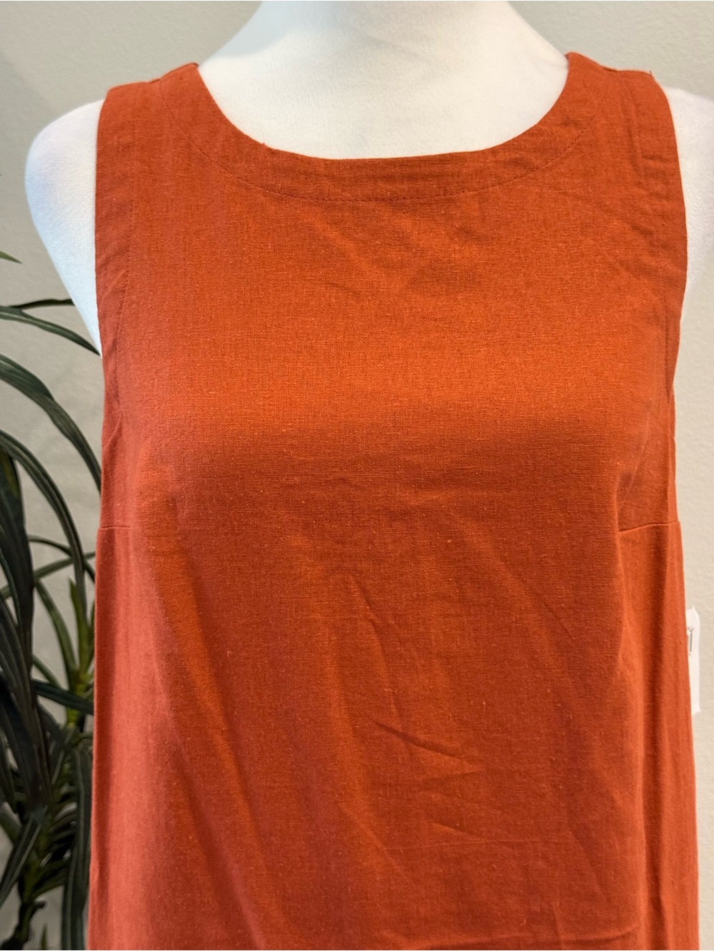 Old Navy Printed Linen-Blend Mini Shift Dress Rust Color Crew Neck Loose - Picture 6 of 14